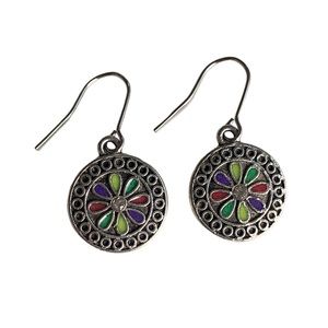 Boho Style Antique Silver and Colorful Floral Earrings